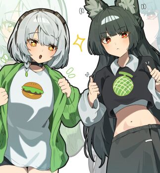 Rule 34 | + +, 2girls, alternate costume, anby demara, animal ear fluff, animal ears, black choker, black hair, black shirt, blush, braid, braided sidelock, burger print, choker, closed mouth, commentary request, cowboy shot, crop top, fox ears, fox girl, green jacket, grey hair, headphones, highres, hoshimi miyabi, jacket, katr5878, long hair, looking at viewer, melon print, midriff, motion lines, multiple girls, navel, open clothes, open mouth, orange eyes, red eyes, shirt, short hair, sparkle, thumbs up, white background, white shirt, zenless zone zero