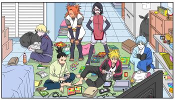 2girls 4boys akimichi_chouchou barefoot black_hair black_thighhighs blonde_hair blue_eyes blue_hair book boruto:_naruto_next_generations bottle box cardboard_box character_doll commentary_request controller dark-skinned_female dark_skin detached_sleeves doll drawer facial_mark forehead_protector game_console game_controller glasses green_eyes hands_on_own_hips hands_on_own_knees highres holding holding_book holding_controller holding_game_controller hugging_own_legs indian_style matsu_(fu6ide2) messy_room mitsuki_(naruto) multiple_boys multiple_girls nara_shikadai naruto_(series) opaque_glasses orange_hair pale_skin playing_games reading shelf sitting sleeves_past_fingers sleeves_past_wrists stirrup_legwear television thighhighs tissue toeless_legwear topknot trash_bag uchiha_sarada unworn_headband used_tissue uzumaki_boruto uzumaki_naruto whisker_markings yamanaka_inojin yellow_eyes