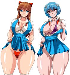 Rule 34 | 2girls, absurdres, alcione makoto, alternate breast size, ayanami rei, beer can, blue eyes, blue hair, breasts, brown hair, cameltoe, can, cleft of venus, clothes lift, drink can, highleg, highleg panties, highres, large breasts, lifted by self, lips, miniskirt, multiple girls, neon genesis evangelion, nipples, open clothes, open shirt, panties, red eyes, red panties, school uniform, shirt, short hair, simple background, skirt, skirt lift, souryuu asuka langley, standing, thong, tokyo-3 middle school uniform, transparent background, underwear, undressing, white shirt