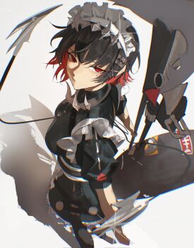 1girl :/ apron black_dress black_hair blurry blurry_foreground breasts closed_mouth colored_inner_hair dress ellen_joe fins fish_tail from_above hairband half-closed_eyes hashtag-only_commentary highres holding holding_behind_back holding_weapon holding_weapon_behind_back maid maid_headdress medium_breasts metal_hairband mole mole_under_eye multicolored_hair niroxin razor_blade_hair_ornament red_eyes shadow shark_girl shark_tail short_hair simple_background solo sparkle spiked_headband tail waist_apron weapon white_background zenless_zone_zero