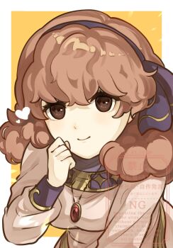 1girl ak_87_kt breasts brown_eyes curly_hair dress fire_emblem fire_emblem_echoes:_shadows_of_valentia fluffy_hair genny_(fire_emblem) hairband heart highres jewelry looking_at_viewer necklace nintendo pink_dress pink_hair short_hair small_breasts smile solo upper_body watermark