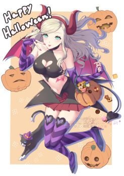 1girl :p aqua_eyes armpit_crease bare_shoulders black_cat black_shirt black_shoes blonde_hair border breasts candy cat cleavage cleavage_cutout clothing_cutout commentary_request crop_top demon_horns elbow_gloves fake_horns fingerless_gloves food full_body gloves hairband halloween halloween_costume halterneck happy_halloween heart_cutout high_heels highres horn_hairband horns jack-o&#039;-lantern lace lace-trimmed_thighhighs lace_trim large_breasts light_blush long_hair looking_at_viewer morgana_(cat)_(persona_5) morgana_(persona_5) nail_polish orange_background outside_border persona persona_5 pink_nails pleated_skirt purple_gloves purple_thighhighs red_horns red_skirt shirt shoes sideboob skirt strapless strapless_shirt takamaki_anne tattoo thighhighs tongue tongue_out tuxedo_cat twitter_username v white_border yoruno_mahiru