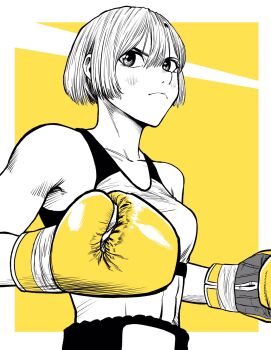 1girl abs boxing_gloves boxing_shorts breasts commentary_request frown gloves hair_between_eyes hatching_(texture) highres lee_(dragon_garou) linea_alba medium_breasts monochrome original profile serious short_hair shorts solo sports_bra spot_color toned toned_female upper_body yellow_background yellow_gloves