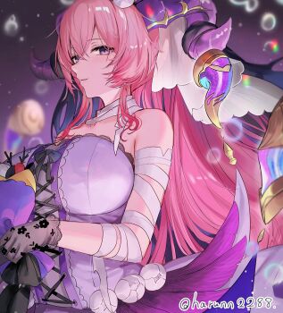 1girl absurdres bandaged_arm bandages bare_shoulders black_gloves blush bouquet breasts dress fire_emblem fire_emblem_heroes flower gloves goat_girl goat_horns halloween halloween_costume haru_(nakajou-28) highres holding holding_bouquet horns huge_breasts large_horns long_hair looking_at_viewer nerthuz_(divine_abundance)_(fire_emblem) nerthuz_(fire_emblem) nintendo official_alternate_costume parted_lips pink_eyes pink_hair ponytail purple_eyes purple_horns see-through_clothes see-through_gloves smile solo strapless strapless_dress veil very_long_hair white_veil