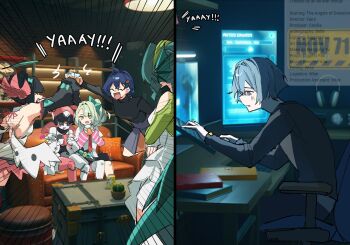 Rule 34 | 1boy, 5girls, ahoge, aria (zenless zone zero), bags under eyes, belle (zenless zone zero), black hair, blue hair, cecilia (zenless zone zero), cellphone, commentary, computer, couch, cup, detached sleeves, drinking glass, english commentary, fins, game screenshot background, green hair, green halo, grey hair, halo, head fins, highres, holding, holding cup, lyrie luna, multiple girls, nangong yu, on couch, one side up, phone, robot girl, screenshot background, smartphone, sunna (zenless zone zero), toasting (gesture), white wings, wings, wise (zenless zone zero), zenless zone zero