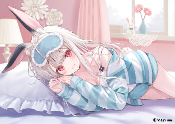 1girl :3 bedroom bra eyepatch flower-shaped_pupils fukahire_(ruinon) lamp lying on_bed on_side pajamas pillow rabbit_ears rabbit_girl rabbit_tail solo symbol-shaped_pupils underwear unohana_nonochi varium vase virtual_youtuber white_bra window