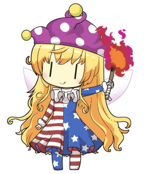 Rule 34 | 1girl, akihiyo, american flag, american flag dress, american flag legwear, american flag print, blonde hair, blush, chibi, chibi only, clownpiece, collar, commentary request, fairy, fairy wings, flag print, frilled collar, frills, full body, fur-trimmed sleeves, fur trim, hat, highres, holding, holding torch, jester cap, licking lips, long hair, long sleeves, polka dot headwear, pom pom (clothes), purple hat, smile, solo, tongue, tongue out, torch, touhou, very long hair, white background, wings, | |