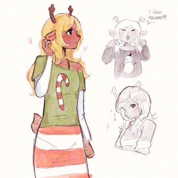 1girl animal_ears antlers black_eyes blonde_hair bra_strap candy_cane_print commentary deer_antlers deer_ears deer_girl deltarune english_commentary furry furry_female green_shirt heart highres horns kannonkaza layered_sleeves long_hair long_sleeves multiple_views noelle_holiday shirt short_over_long_sleeves short_sleeves single_off_shoulder skirt snowman_print striped_clothes striped_skirt sweater tongue tongue_out utdr_(toby_fox) white_sleeves