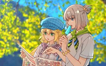Rule 34 | 1boy, 1girl, :o, artoria caster (fate), artoria pendragon (fate), ascot, blonde hair, blue eyes, bracelet, commentary request, day, fate/grand order, fate (series), food, frilled shirt collar, frills, green ascot, green eyes, grey hair, hair bun, hat, holding, holding food, holding popsicle, jewelry, looking down, low twintails, map, oberon (fate), open mouth, pointing, pointing at object, popsicle, saint quartz (fate), short sleeves, sonnambulo777, teeth, tree, twintails, upper body, upper teeth only