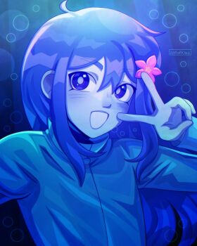 1girl alternate_costume alternate_universe aubrey_(headspace)_(omori) aubrey_(omori) blush colored_skin commentary double-parted_bangs english_commentary flower hair_between_eyes hair_flower hair_ornament highres long_hair long_sleeves looking_at_viewer omori open_mouth purple_eyes purple_hair sidelocks smile solo upper_body v white_skin zoewillowz