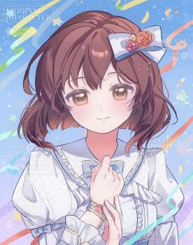 1girl artist_name blue_background blue_bow blush bow brown_eyes brown_hair dot_nose english_text frilled_shirt frills gradient_background hagiwara_yukiho hair_bow hand_on_own_chest hands_up highres idolmaster idolmaster_(classic) long_sleeves looking_at_viewer medium_hair oysterp purple_background shirt smile solo straight_hair streamers upper_body watermark white_shirt