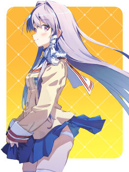 Rule 34 | 1girl, akayama yukihe, ass, blazer, blue shirt, blue skirt, blush, border, clannad, closed mouth, clothes lift, commentary, cowboy shot, floating hair, from side, fujibayashi kyou, hair between eyes, hair intakes, highres, jacket, long hair, looking at viewer, miniskirt, outside border, panties, pleated skirt, purple eyes, purple hair, ribbon, sailor collar, school uniform, serafuku, shirt, sidelocks, sideways glance, simple background, skirt, skirt lift, skirt tug, sleeves past wrists, smile, solo, split mouth, star (symbol), straight hair, tail raised, thighhighs, turtleneck, turtleneck shirt, underwear, very long hair, white border, white panties, white ribbon, white sailor collar, white thighhighs, wind, wind lift, yellow background, yellow jacket, zettai ryouiki