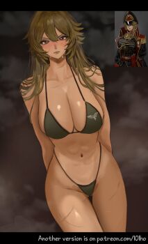 1girl abs arms_behind_back bikini blush breasts brown_hair commissar_(warhammer_40k) commissar_cap derivative_work embarrassed gluteal_fold green_bikini groin hair_between_eyes hair_intakes highres image_sample imperium_of_man kkghost_tv large_breasts long_hair nose_blush patreon_sample reference_inset scar scar_on_face scar_on_thighs sidelocks steam sweat swimsuit thighs warhammer_40k