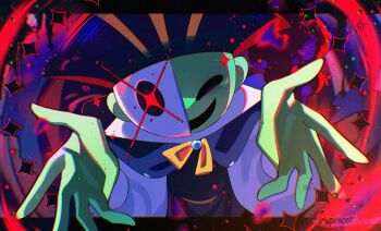 Rule 34 | 1boy, apricot4, artist name, bad id, bad twitter id, bemani, bicorne, black hat, black mouth, black tunic, colored skin, commentary request, green skin, half mask, hat, highres, hollow eyes, letterboxed, long sleeves, looking at viewer, male focus, mask, open mouth, outside border, plume, pop'n music, reaching, reaching towards viewer, shirt, smile, solo, sparkle, tunic, white mask, white shirt, zizz