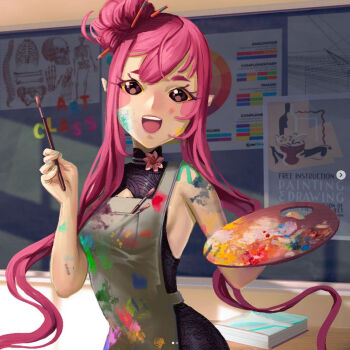 apron artist_self-insert book breasts chalkboard classroom colored_sclera colored_skin flower froggyloch froggyloch_(vtuber) green_skin hair_bun holding holding_paintbrush indie_virtual_youtuber long_hair nail_polish paint paint_on_clothes paint_palette paint_splatter paint_splatter_on_face paintbrush pencil pink_hair school sideboob skeleton smile virtual_youtuber yellow_sclera