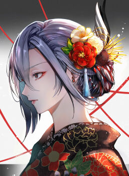 1girl alternate_costume alternate_hairstyle arlecchino_(genshin_impact) black_eyes commentary_request expressionless eyeliner floral_print floral_print_kimono flower from_side genshin_impact gradient_background hair_flower hair_ornament hair_up highres japanese_clothes kimono makeup multicolored_hair print_kimono red_eyeliner red_pupils simple_background solo streaked_hair suzuri_modoki symbol-shaped_pupils white_hair x-shaped_pupils