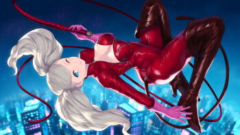 1girl blonde_hair blue_eyes bodysuit breasts cait_aron cat_tail highres holding holding_whip large_breasts looking_at_viewer one_eye_closed panther_(persona_5) persona persona_5 red_bodysuit skin_tight solo tail takamaki_anne twintails