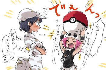 2girls aether_foundation aether_foundation_employee aether_foundation_employee_(female) bandana black_hair blush brown_eyes newsboy_cap dark-skinned_female dark_skin gloves hat holding holding_poke_ball multiple_girls nintendo pink_hair poke_ball poke_ball_(basic) pokemon pokemon_sm short_hair short_sleeves shorts stuffed_toy tank_top team_skull team_skull_grunt thumbs_up translated unya white_gloves white_hat