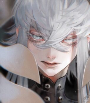 1boy asclepius_(fate) asclepius_(third_ascension)_(fate) au_(d_elete) blurry blurry_background crossed_bangs fate/grand_order fate_(series) grey_eyes hair_between_eyes long_eyelashes long_hair looking_at_viewer male_focus parted_lips portrait signature solo twitter_username white_hair