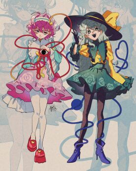 2girls :d adapted_costume arm_at_side black_gloves black_hat black_pantyhose blue_hairband blue_shirt blue_shoes bow buttons closed_mouth collared_shirt colored_eyelashes commentary contrast_collar diamond_button duplicate floral_print frilled_hairband frilled_shirt_collar frilled_skirt frilled_sleeves frills full_body gloves green_eyes green_hair green_shirt green_skirt hair_behind_ear hairband hand_up hat hat_bow hat_ribbon head_tilt heart heart_button heart_print high_collar high_heels highres juliet_sleeves komeiji_koishi komeiji_satori long_hair long_sleeves looking_at_viewer messy_hair miniskirt multiple_girls open_mouth pantyhose pink_eyes pink_hair pink_skirt platform_shoes pleated_skirt pout puffy_sleeves red_shoes ribbon rose_print sanpaku shaded_face shirt shoes siblings signature single_sleeve_past_fingers sisters skirt smile sokura_(mochichitose) standing standing_on_one_leg sun_hat tareme teeth third_eye_on_chest touhou two-tone_hairband two-tone_shirt upper_teeth_only very_long_hair wavy_hair white_hairband white_pantyhose white_shirt wide_brim wide_sleeves wing_collar yellow_bow yellow_ribbon yellow_shirt zoom_layer