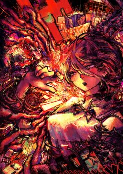 1girl ane_(yakamashi0) black_choker black_ribbon chainsaw_man choker explosion grenade_pin grey_eyes hair_between_eyes highres intestines neck_ribbon open_mouth purple_hair reze_(chainsaw_man) ribbon shirt sleeveless sleeveless_shirt solo sparks white_shirt
