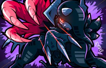 absol bright_pupils claws commentary_request fang gen_3_pokemon glowing glowing_eye hair_over_one_eye highres horns mega_absol_z mega_pokemon meruru_gu nintendo no_humans open_mouth pokemon pokemon_(creature) red_eyes single_wing solo white_pupils wings