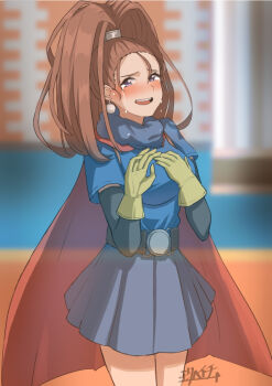 Rule 34 | 1girl, barbara (dq6), belt, blue dress, blurry, blurry background, brown hair, cape, crying, crying with eyes open, dragon quest, dragon quest vi, dress, earrings, ghost, gloves, high ponytail, indoors, jewelry, long hair, mori heichi, ponytail, red cape, solo, stading, tears, yellow gloves