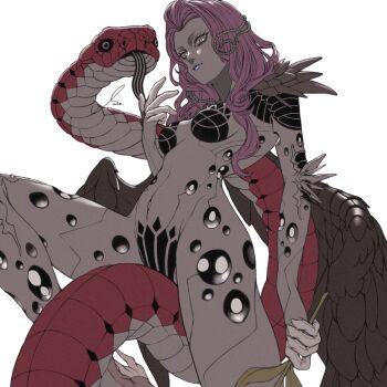 1girl artist_name bad_id bad_twitter_id black_sclera black_wings bright_pupils colored_sclera colored_skin demon_(megami_tensei) hashtag-only_commentary highres holding holding_plant lilith_(megami_tensei) long_hair looking_at_viewer no_nipples patterned_skin pink_hair plant purple_lips red_snake s_ir_s shin_megami_tensei shin_megami_tensei_v shin_megami_tensei_v:_vengeance snake snake_wrapped_around_body solo white_background wings