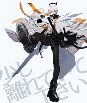 Rule 34 | 1boy, arknights, bag, black boots, black pants, blue eyes, boots, briefcase, cloak, closed mouth, crossed bangs, detached wings, executor (arknights), full body, gun, hair between eyes, halo, high collar, holding, holding gun, holding weapon, id card, jacket, looking at viewer, male focus, mechanical halo, mtk (souko), pants, shoe soles, short hair, shotgun, shoulder bag, simple background, solo, standing, weapon, white background, white cloak, white hair, white jacket, wings