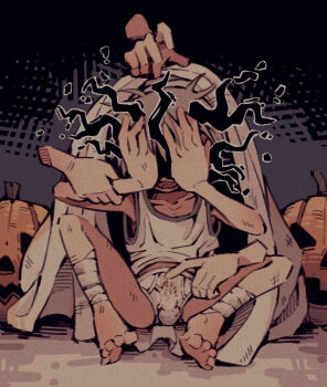 ! 1boy ankle_wrap barefoot briefs bulge covering_own_eyes disembodied_hand erection erection_under_clothes feet fingering ghost_costume halloween_costume holding_another's_wrist jack-o'-lantern lunchbox_(illillilliiliil) male_focus male_underwear molestation open_mouth original pee_stain precum precum_through_clothes shota sitting spread_legs tank_top toes underwear white_male_underwear white_tank_top