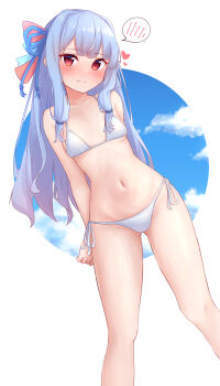 1girl absurdres aho_whale bare_arms bare_shoulders bikini blue_hair blue_sky blush breasts closed_mouth cloud collarbone commentary_request feet_out_of_frame gradient_hair highres kotonoha_aoi long_hair looking_at_viewer multicolored_hair navel nose_blush red_eyes side-tie_bikini_bottom sky small_breasts solo spoken_blush standing swimsuit very_long_hair voiceroid white_background white_bikini