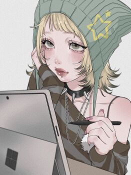 1girl aegyo_sal animal_hat beanie black_choker black_hair blonde_hair blurry bra_strap brown_shirt cat_hat choker closed_mouth colored_tips depth_of_field earflap_beanie eyelashes face_piercing film_grain fingernails flipped_hair green_eyes grunge_(fashion) hat head_rest highres holding holding_stylus horizontal-striped_clothes labret_piercing long_fingernails looking_up medium_hair microsoft microsoft_windows multicolored_hair multiple_girls nail_polish necklace original piercing pink_nails pom_pom_(clothes) shirt short_bangs silver_necklace single_off_shoulder sleeves_past_wrists spaghetti_strap spiked_choker spikes star_(symbol) star_print striped_clothes striped_shirt stylus table tablet_pc tablet_stand tamori_(tamori_www) thick_lips two-tone_hair white_background wolf_cut