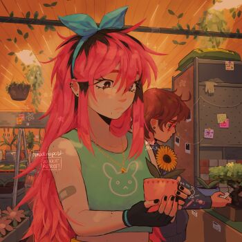 2023 2girls alternate_costume artist_name aubrey_(faraway)_(omori) aubrey_(omori) bandaid bandaid_on_arm bare_arms bare_shoulders black_gloves black_hair black_hoodie black_nails blue_hairband bow_hairband breasts bright_pupils brown_eyes brown_hair chain chain_necklace closed_mouth commentary crop_top cropped_shirt ear_piercing earrings english_commentary eyes_visible_through_hair fingerless_gloves flower flower_pot frown glasses gloves gold_necklace green_shirt hair_between_eyes hairband hanging_plant highres holding holding_flower_pot hood hoodie indoors jewelry kim_(omori) long_hair long_sleeves madnopost messy_hair mole mole_on_arm mole_under_mouth multicolored_hair multiple_girls nail_polish necklace omori photo_(object) piercing pink_hair plant potted_plant red-framed_eyewear roots_(hair) scar scar_on_arm shirt short_hair sidelocks sleeveless sleeveless_shirt small_breasts solo_focus sticky_note stud_earrings sunflower two-tone_hair unworn_gloves upper_body watermark white_gloves white_pupils yellow_flower