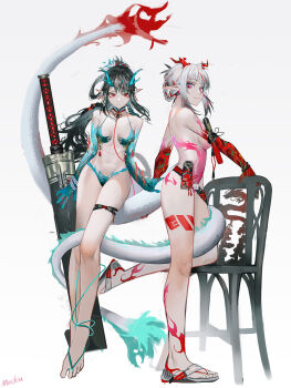 absurdres arknights bead_bracelet beads bikini black_hair bracelet braid breasts chair dragon_girl dragon_horns dusk_(arknights) fire flame-tipped_tail full_body green_bikini highres horns jewelry leg_tattoo long_hair looking_at_viewer mackia medium_breasts multicolored_hair navel nian_(arknights) pink_eyes pointy_ears red_bikini red_eyes sandals scabbard sheath siblings simple_background sisters streaked_hair swimsuit sword tail tail_around_another&#039;s_leg tail_wrap tattoo weapon white_background white_hair