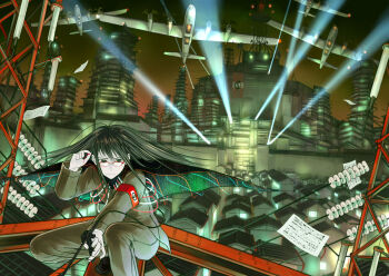 1girl aihara_kaichi aircraft airplane b-29 b-29_superfortress bomber building cable cloak emblem glasses light long_hair military military_vehicle nazi night original wire