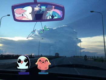 adventure_time bmo colored_skin driving eye_mask finn_the_human green_skin gunter_(adventure_time) hat hat_with_ears highres huntress_wizard jake_the_dog looking_at_another mask neptr photo_background phuongdp0376 plant_hair sunset