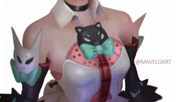 1girl bare_shoulders black_choker bow breast_focus breasts choker commentary detached_sleeves dress english_commentary fur-trimmed_sleeves fur_trim green_bow highres maveloart nangong_yu necktie red_necktie simple_background sleeve_bow small_breasts solo twitter_username white_background white_dress zenless_zone_zero
