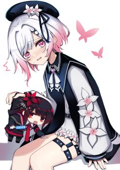 2girls absurdres armband beret black_choker black_dress black_hair black_hat bug butterfly choker commentary crown dress flower gradient_hair hair_flower hair_intakes hair_ornament hat hat_flower highres hime_cut insect invisible_chair looking_at_viewer magical_girl mahou_shoujo_no_majo_saiban mini_person multicolored_hair multiple_girls nikaido_hiro open_mouth parted_lips pink_butterfly pink_eyes pink_hair red_armband red_eyes red_flower sakuraba_ema simple_background sitting thigh_strap translation_request wakaraaan white_background white_flower white_hair x_hair_ornament