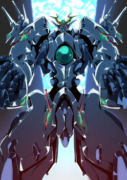 clenched_hands from_below ginsoukikou_ordian glowing glowing_eye light_beam looking_ahead mecha ordian red_eyes robot sakusakusakurai solo super_robot