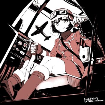 1girl aircraft airplane aviator_cap aviator_goggles boots coat cockpit commentary_request controller dated fingerless_gloves gloves highres joystick ki-43_hayabusa kirie_(kouya_no_kotobuki_hikoutai) kouya_no_kotobuki_hikoutai long_sleeves monochrome pilot red_theme seatbelt sitting smile solo tokihama_jirou