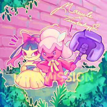 ! 2girls blush blush_stickers bow brick_wall bush character_name cherrysodalite closed_mouth commentary commission crossed_arms english_commentary gen_3_pokemon grass hammer heart highres holding holding_hammer leaf mawile multiple_girls neck_ribbon nintendo open_mouth outline pink_bow pink_outline pokemon pokemon_(creature) pokemon_focus ponytail red_eyes ribbon smile tinkatuff watermark yellow_ribbon