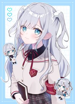 1girl absurdres aqua_eyes armband blush book chibi chibi_inset closed_mouth commentary_request grey_hair hair_ornament heart highres holding holding_book kaga_sumire kaga_sumire_(9th_costume) long_hair long_sleeves looking_at_viewer mole mole_under_eye neck_ribbon pom_pom_(clothes) pom_pom_hair_ornament red_armband red_ribbon ribbon sato_iori_(pixiv_87640444) skirt solo virtual_youtuber vspo!