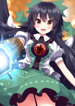1girl :d arm_cannon black_hair blush bow center_frills collared_shirt commentary_request cowboy_shot frilled_shirt_collar frilled_skirt frills green_bow green_skirt hair_bow highres long_hair looking_at_viewer open_mouth puffy_short_sleeves puffy_sleeves red_eyes reiuji_utsuho ruu_(tksymkw) shirt short_sleeves skirt smile solo third_eye touhou weapon white_shirt wings
