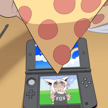 Rule 34 | 1girl, :3, absurdres, ahoge, animal ears, aqua eyes, black shirt, blush, clothes writing, cocomayo29 (tomato), commentary request, crying, crying with eyes open, food, fox ears, fox girl, handheld game console, highres, hololive, korean commentary, long hair, looking up, nintendo, nintendo 3ds, photo-referenced, pizza, pizza slice, pokemon, pokemon-amie, shirakami fubuki, shirt, solo, stylus, tears, virtual youtuber, white hair