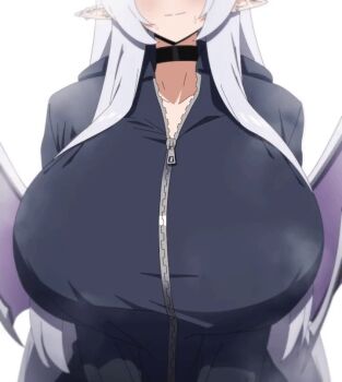 1girl animated animated_gif black_choker black_jacket bouncing_breasts breast_focus breasts choker cleavage collarbone dotthebot ear_piercing eyes_out_of_frame head_out_of_frame huge_breasts jacket long_hair long_sleeves original piercing pointy_ears simple_background solo track_jacket ugoira unzipping valenia_(dotthebot) video white_background white_hair wings