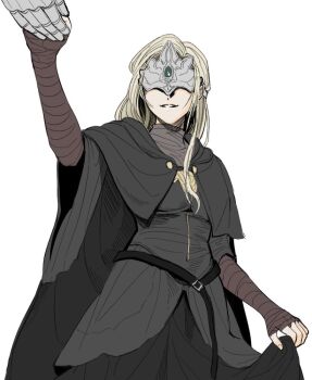 Rule 34 | 1girl, 1other, ambiguous gender, ashen one (dark souls), bandaged arm, bandages, belt, black belt, black cape, black dress, blindfold mask, blonde hair, cape, commentary request, covered eyes, dark souls (series), dark souls iii, dress, fingernails, fire keeper, gauntlets, grin, holding hands, korean commentary, long hair, mask, simple background, smile, white background, wide sleeves, xxq 002