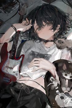 1girl absurdres animal black_choker black_hair blood brown_eyes cat chain choker closed_mouth cross earrings electric_guitar eyelashes fei_yi_yi guitar highres instrument jacket jewelry long_sleeves looking_at_viewer lying mole mole_above_eye multiple_rings on_back original paper ring shirt short_hair solo white_shirt