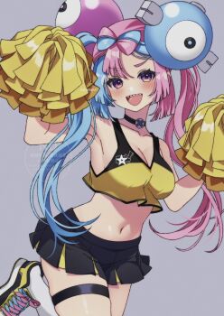 1girl alternate_costume cheerleader highres iono_(pokemon) miniskirt open_mouth pokemon pokemon_sv pom_pom_(cheerleading) popo_(popopuri) sharp_teeth skirt teeth