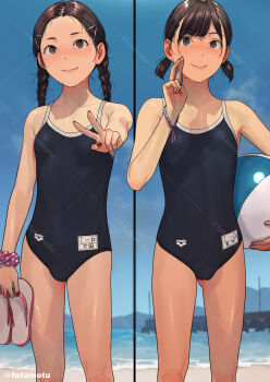 2girls absurdres ball beach beachball braid breasts brown_eyes brown_hair cameltoe futamotu highres loli long_hair low_twintails medium_hair multiple_girls ocean one-piece_swimsuit original ota_akane_(futamotu) satonaka_megumi_(futamotu) small_breasts smile swimsuit twin_braids twintails v