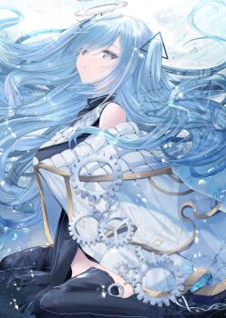 1girl bare_shoulders between_legs black_dress black_gloves black_thighhighs blue_eyes blue_hair breasts china_dress chinese_clothes cloak commentary_request commission dress elbow_gloves foot_out_of_frame from_side gear_hair_ornament gears gloves hair_ornament hand_between_legs highres kurage_cc large_breasts long_hair looking_at_viewer parted_lips pelvic_curtain sitting skeb_commission solo swept_bangs thighhighs toono_oto triangle_hair_ornament two_side_up varium very_long_hair virtual_youtuber wariza white_cloak